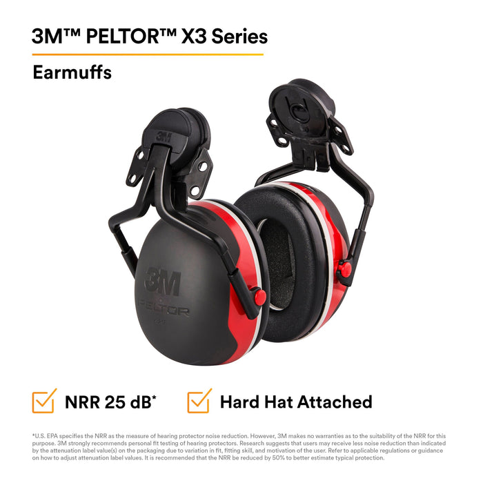 3M PELTOR X3 Earmuffs X3P5E, Electrically Insulated, Hard HatAttached