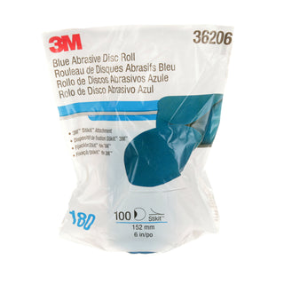 3M Stikit Blue Abrasive Disc Roll, 36206, 6 in, 180 grade, 100 discsper roll