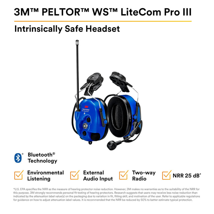 3M PELTOR WS LiteCom PRO III Headset - Hard Hat Attached -Intrinsically Safe -