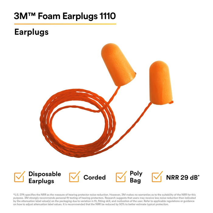 3M Foam Earplugs 1110, Corded