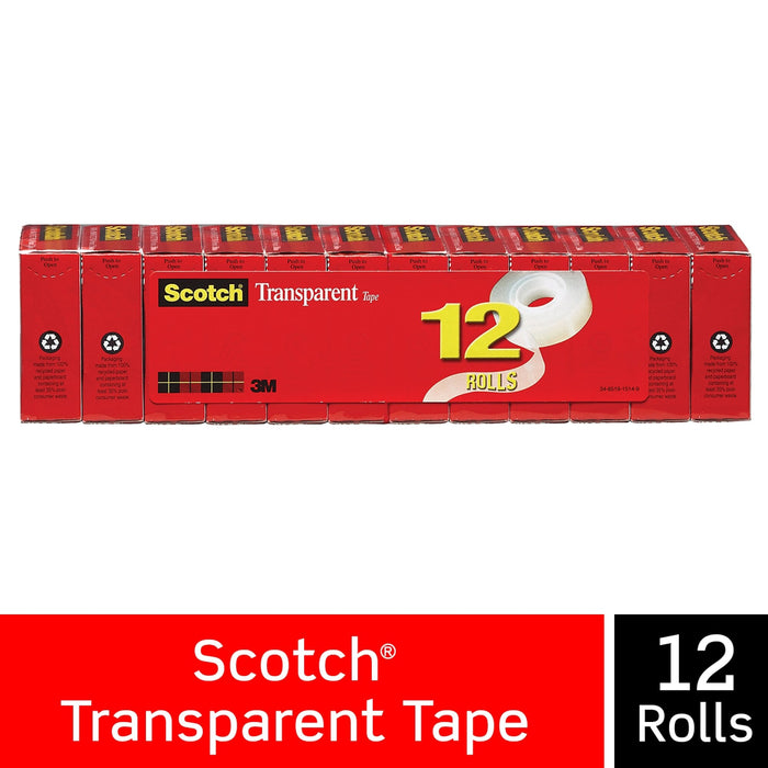 Scotch® Transparent Tape 600K12, 3/4 in x 1000 in 12 pack