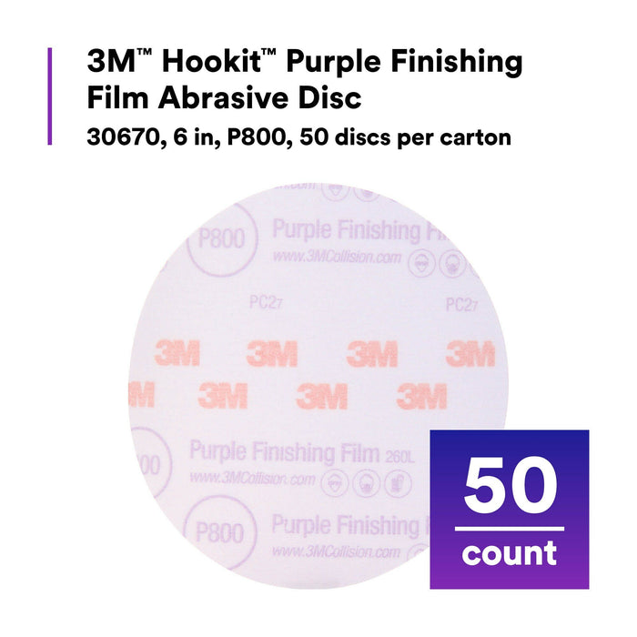 3M Hookit Purple Finishing Film Abrasive Disc 260L, 30670, 6 in, P800