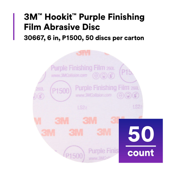 3M Hookit Purple Finishing Film Abrasive Disc 260L, 30667, 6 in,P1500