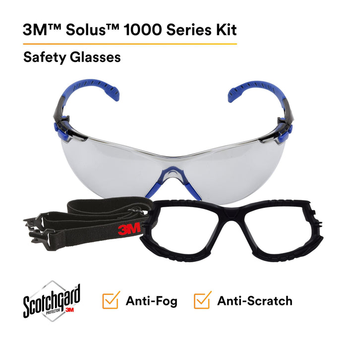 3M Solus 1000-Series Safety Glasses S1107SGAF-KT, Kit, Foam, Strap,
BLU/BLK
