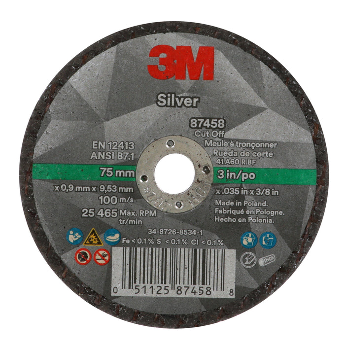 3M Silver Cut-Off Wheel, 87458, T1, 3 in x .035 in x 3/8 in