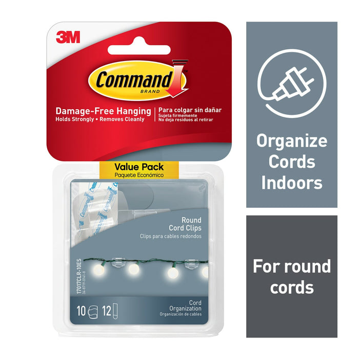 Command Clear Round Cord Clips, Value Pack, 17017CLR-10ES, 10 Clips, 12Strips