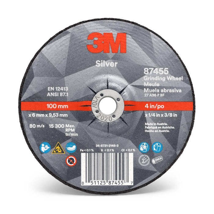 3M Silver Depressed Center Grinding Wheel, 87455, T27, 4 in x 1/4 in x
3/8 in