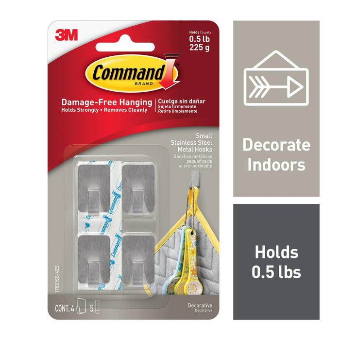 Command Small Stainless Steel Metal Hooks, 17031SS-4ES, 4 Hooks, 5Strips