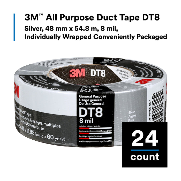 3M All Purpose Duct Tape DT8, Silver, 48 mm x 54.8 m, 8 mil, 24Roll/Case