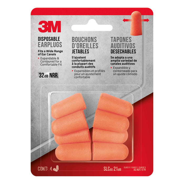 3M Disposable Earplugs, 92050H4-C, 4 pairs/pack