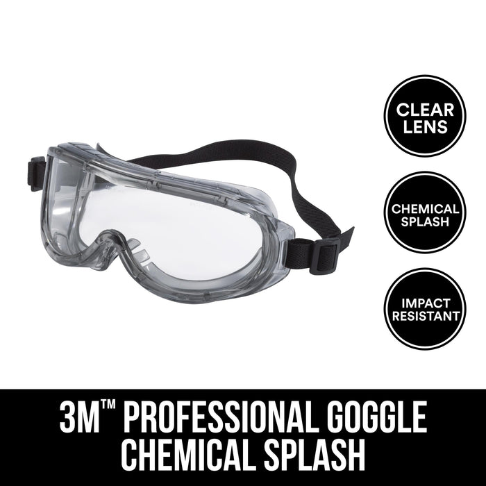 3M Professional Goggle, Chemical Splash, 91264H1-DC, Black Strap, Gray
Lens