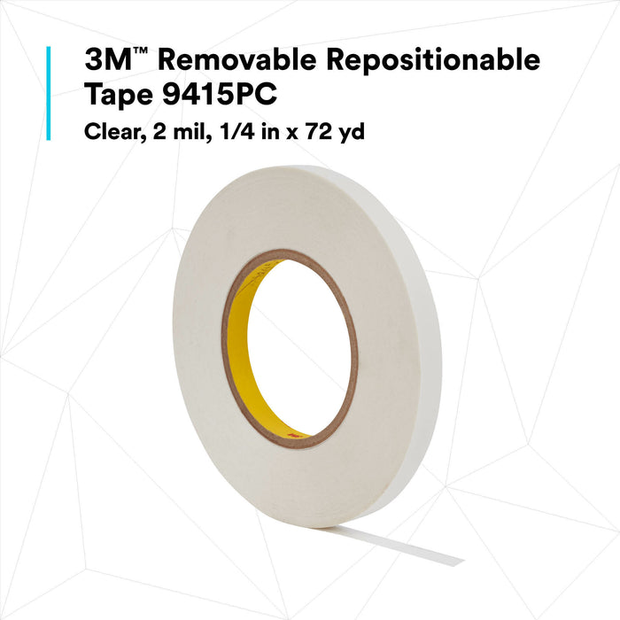 3M Removable Repositionable Tape 9415PC, Clear, 1/4 in x 72 yd, 2 mil