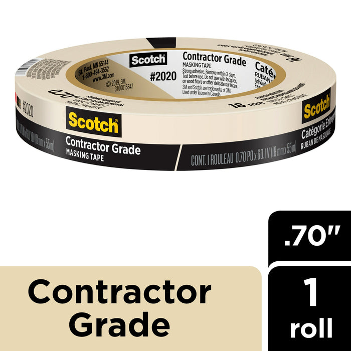 Scotch® Contractor Grade Masking Tape 2020-18AP, 0.70 in x 60.1 yd (18mmx 55m)