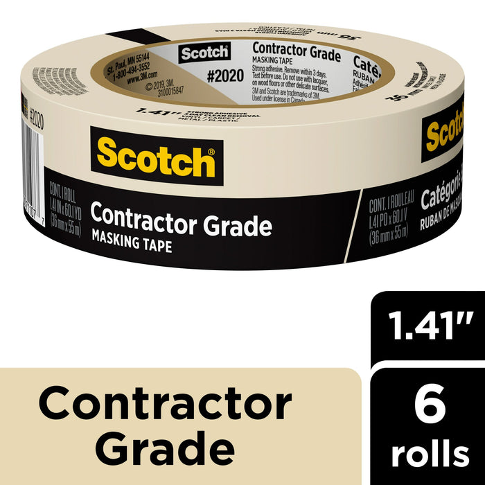 Scotch® Contractor Grade Masking Tape 2020-36AP6, 1.41 in x 60.1 yd(36mm x 55m)