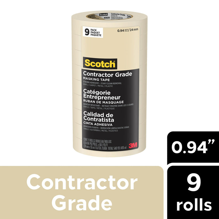 Scotch® Contractor Grade Masking Tape 2020-24AP9, 0.94 in x 60.1 yd(24mm x 55m)