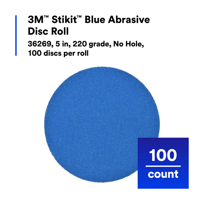 3M Stikit Blue Abrasive Disc Roll, 36269, 5 in, 220 grade, No Hole