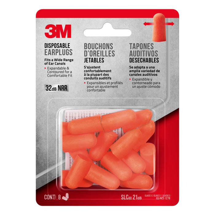 3M Disposable Earplugs, 92077H8-DC, 8 pairs/pack