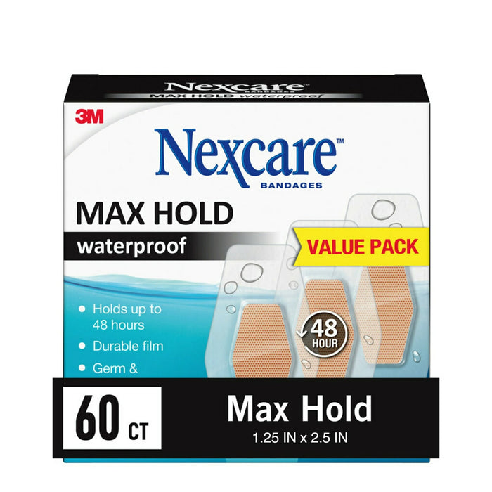 Nexcare Max Hold Waterproof Bandages MHW-60, One Size 60ct 1.25 in x2.5 in