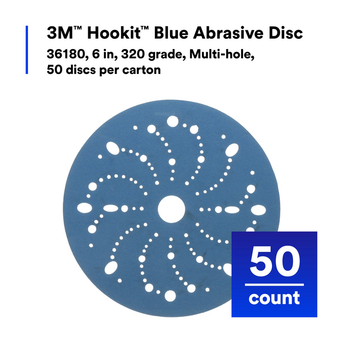 3M Hookit Blue Abrasive Disc 321U, 36180, 6 in, 320 grade, Multi-hole