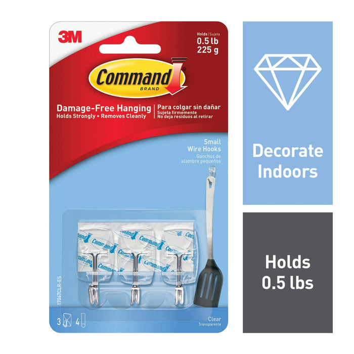 Command Small Clear Wire Hooks with Clear Strips 17067CLR-ES, 3 Small Wire Hooks
