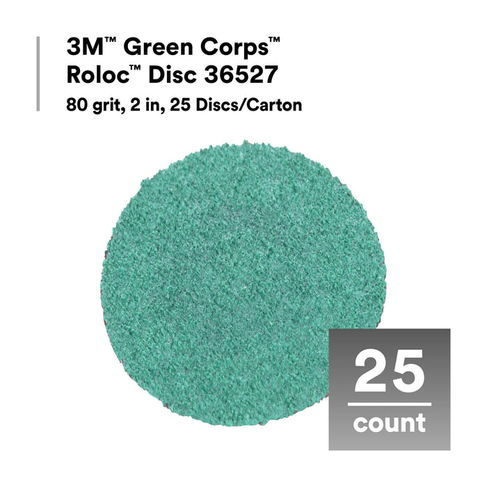 3M Green Corps Roloc Disc 36527, 80 grit, 2 in, 25 Discs/Carton