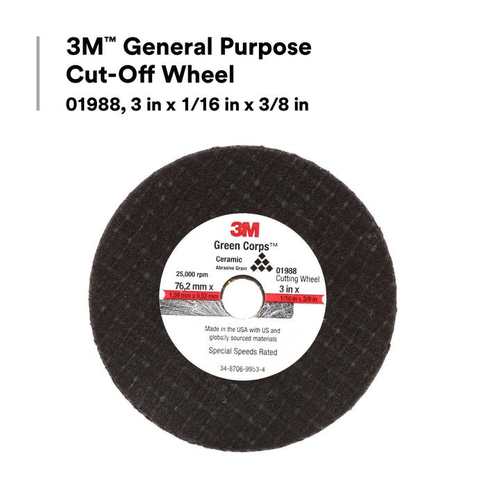 3M General Purpose Cut-Off Wheel 01988, 3 in x 1/16 in x 3/8 in