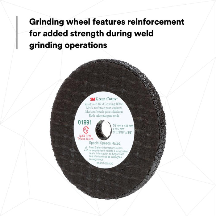 3M Green Corps Reinforced Weld Grinding Wheel 01991, 3 in x 0.22 in x
3/8 in