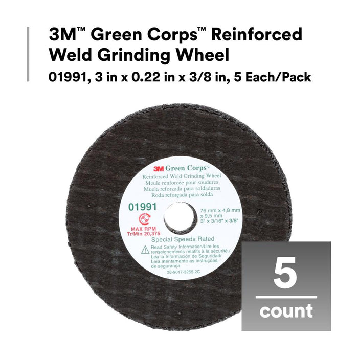 3M Green Corps Reinforced Weld Grinding Wheel 01991, 3 in x 0.22 in x
3/8 in