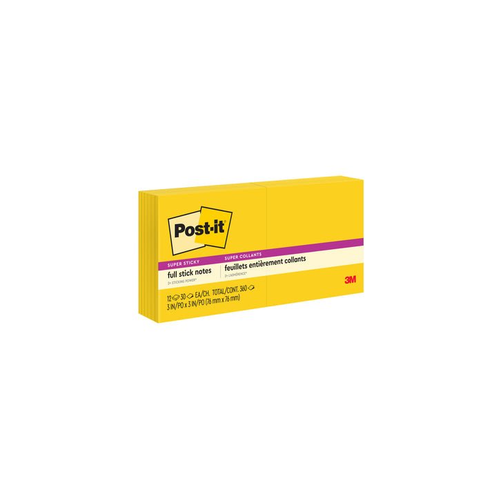 Post-it® Super Sticky Full Stick Notes F330-12SSY, 3 in x 3 in (76 mm x 76 mm)