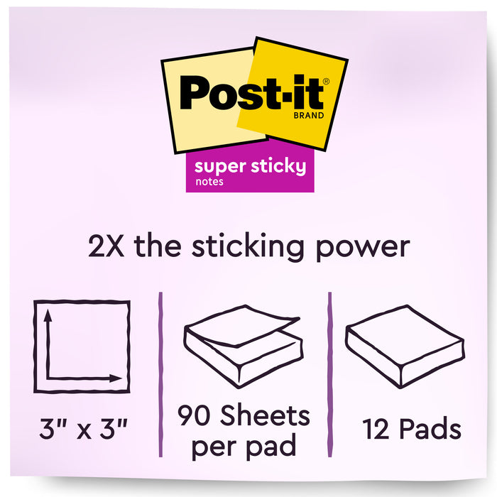 Post-it® Super Sticky Notes 654-12SSCY, 3 in x 3 in (76 mm x 76 mm)