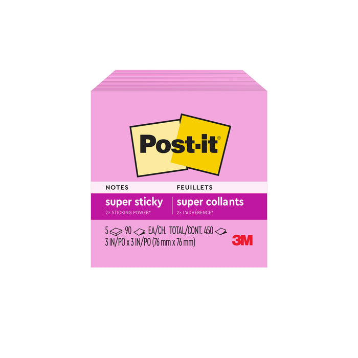 Post-it® Super Sticky Notes 654-5SSNP, 3 in x 3 in (76 mm x 76 mm), Neon Pink