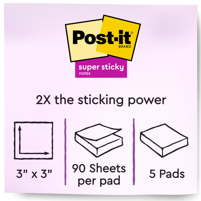 Post-it® Super Sticky Notes 654-5SSW, 3 in x 3 in (76 mm x 76 mm), White