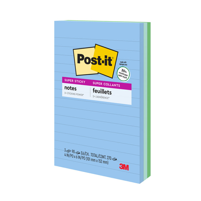 Post-it® Super Sticky Recycled Notes 660-3SST, 4 in x 6 in (101 mm x 152 mm)