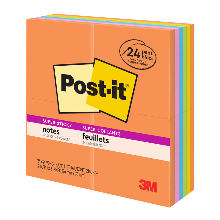 Post-it® Super Sticky Notes 654-24SSAU, 3 in x 3 in (76 mm x 76 mm)