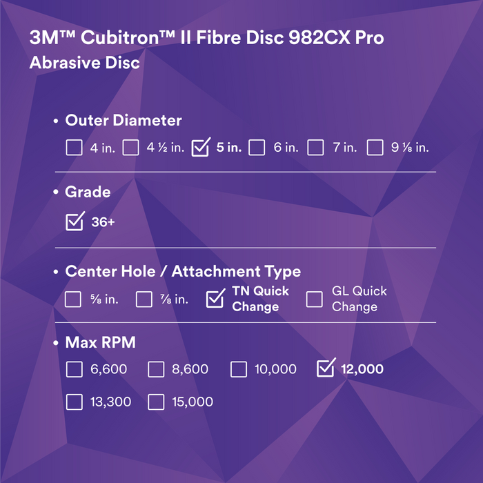 3M Cubitron II Fibre Disc 982CX Pro, 36+, TN Quick Change, 5 in, Die
TN500P