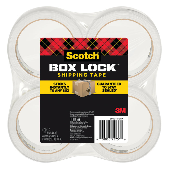 Scotch® Box Lock Shipping Tape 3950-4-SRM, 1.88 in x 54.6 yd (48 mm x 50 m)