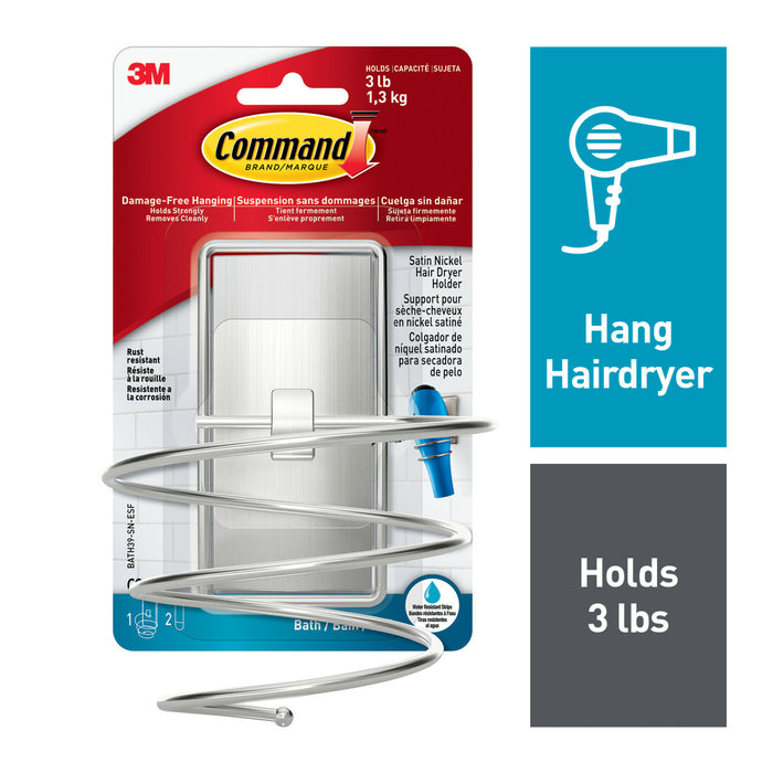 Command Hair Dryer Holder BATH39-SN-ESF, Satin Nickel