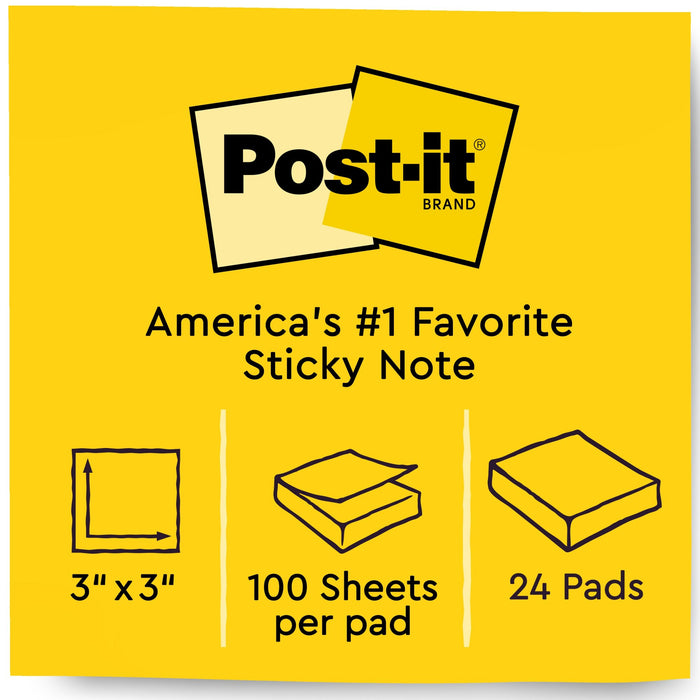Post-it® Notes 654-24VAD, 3 in x 3 in (76 mm x 76 mm) Canary Yellow