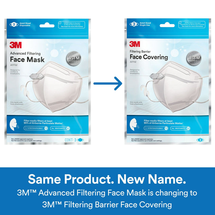 3M Filtering Barrier Face Covering, AFFM-3-DC, One Size, 3 Pack
