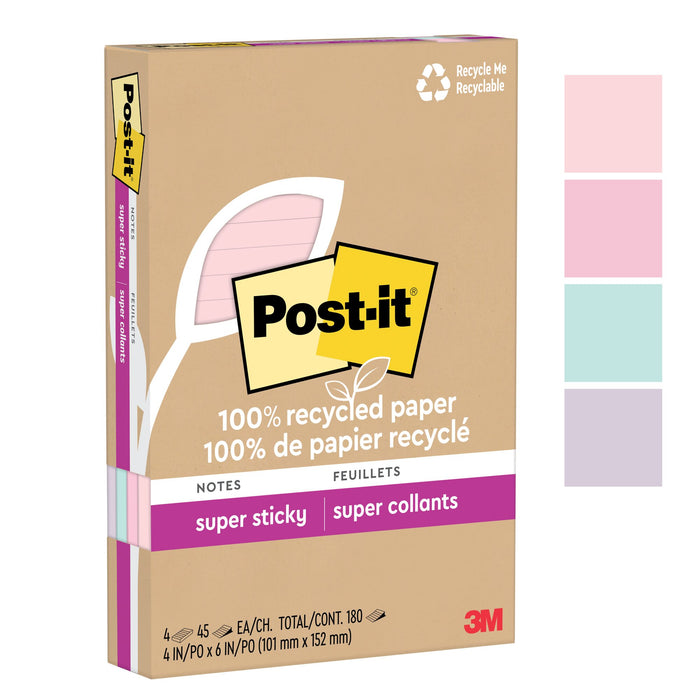 Post-it® Super Sticky Recycled Notes 4621R-4SSNRP, 4 in x 6 in