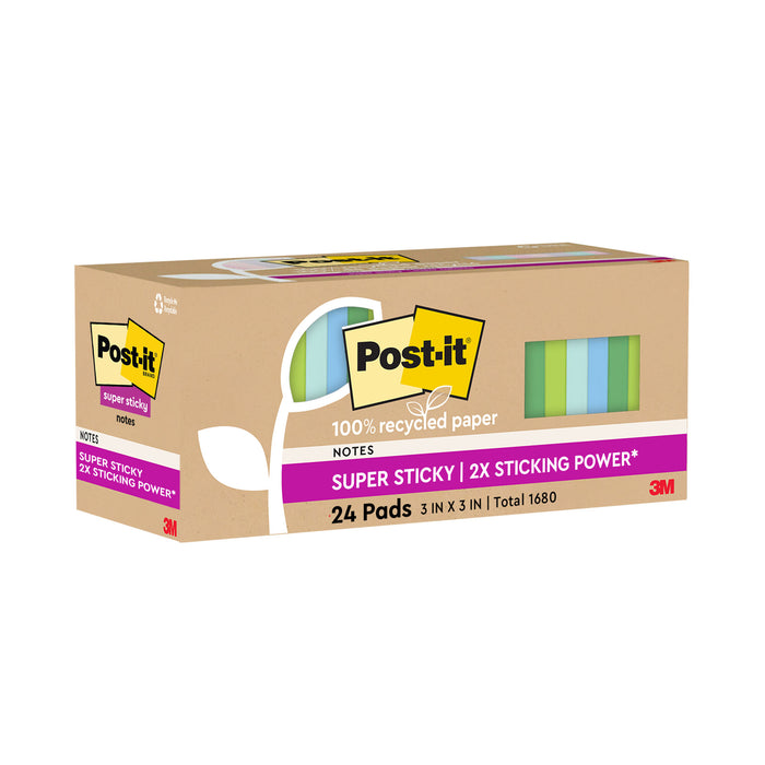 Post-it® Super Sticky Recycled Notes 654R-24SST-CP, 3 in x 3 in (76 mm x 76 mm)