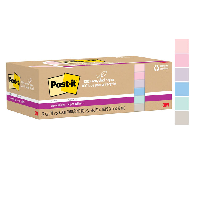 Post-it® Super Sticky Recycled Notes 654R-12SSNRP, 3 in x 3 in (76 mm x 76 mm)