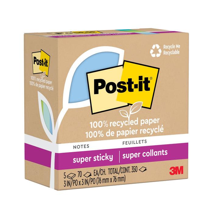 Post-it® Super Sticky Recycled Notes 654R-5SST, 3 in x 3 in (76 mm x 76 mm)