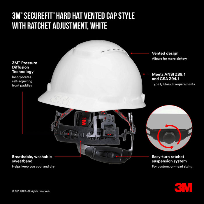 3M SecureFit Vented Hard Hat CHH-V-R-W6-SL, With Ratchet Adjustment