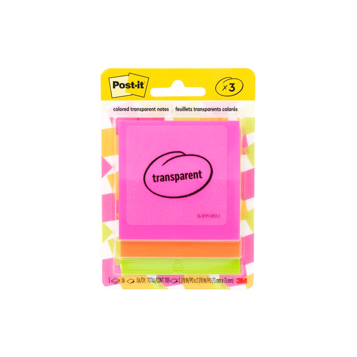 Post-it® Transparent Notes 600-3COL, 2-7/8 in x 2-7/8 in (73 mm x 73 mm)