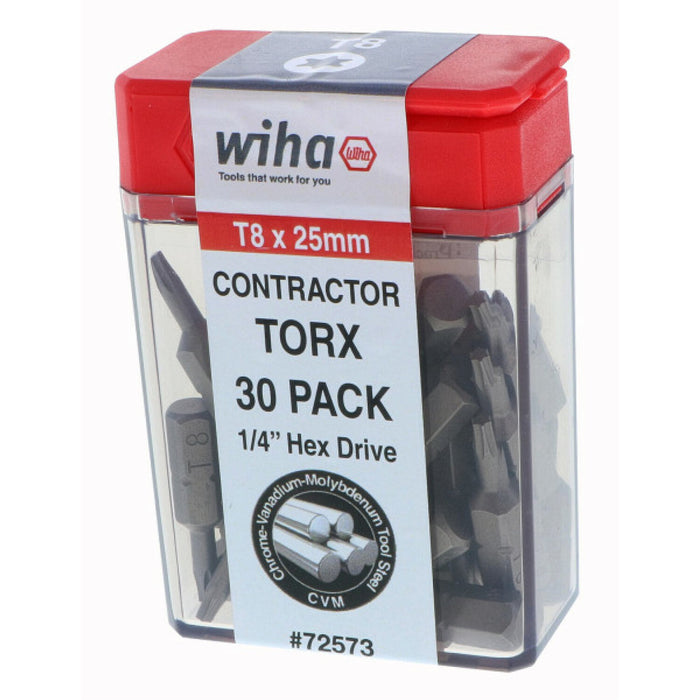 Wiha 72573 T8 x 25mm TORX Contractor Insert Bit, 30 Pack