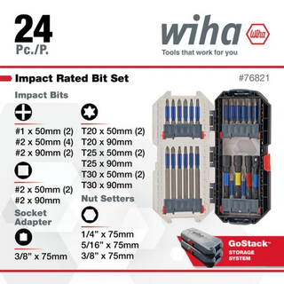 Wiha Tools 76821 TerminatorBlue Impact Bit Set with Nut Setters & Adapter, 24 Pc.
