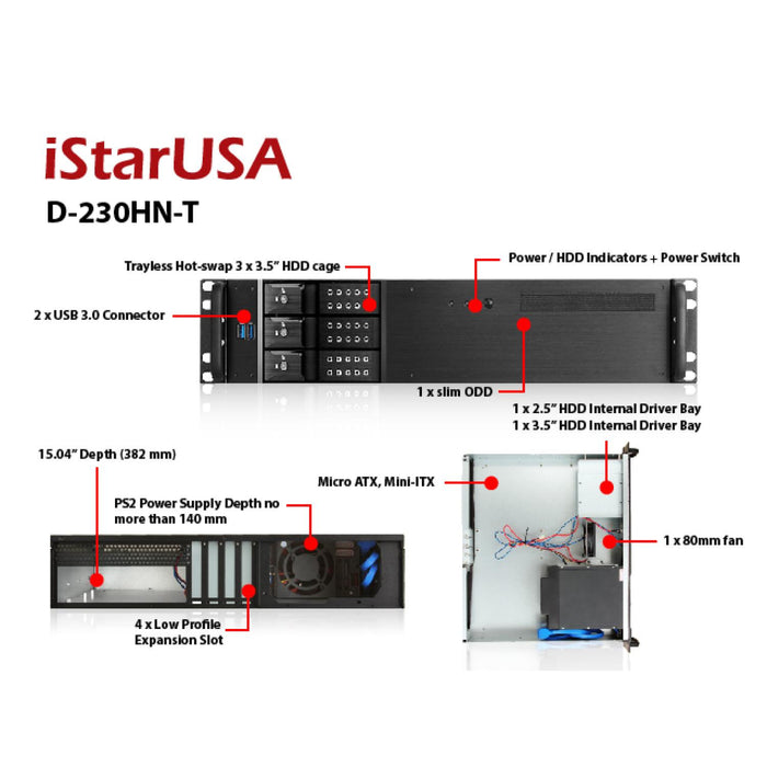 iStarUSA D-230HN-T-SILVER 2U Compact 3x 3.5" Bay Trayless Hotswap microATX Chassis