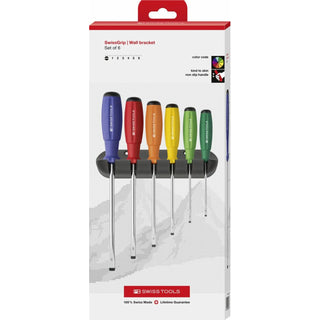 PB Swiss Tools PB 8240.RB CBB Rainbow SwissGrip Screwdriver Set, Slotted, 6 pcs w/ Wall Mount