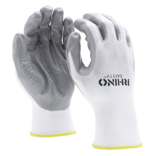NSI GLV-100XL White Nylon Safety Gloves, Palm-Dipped Nitrile Coating, Extra Large